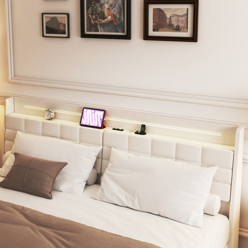 Floating Bed Frame With LED Light And Charging Station Upholstered Platform Bed Frame With Headboard And Hidden Storage Space, No Box Spring Needed