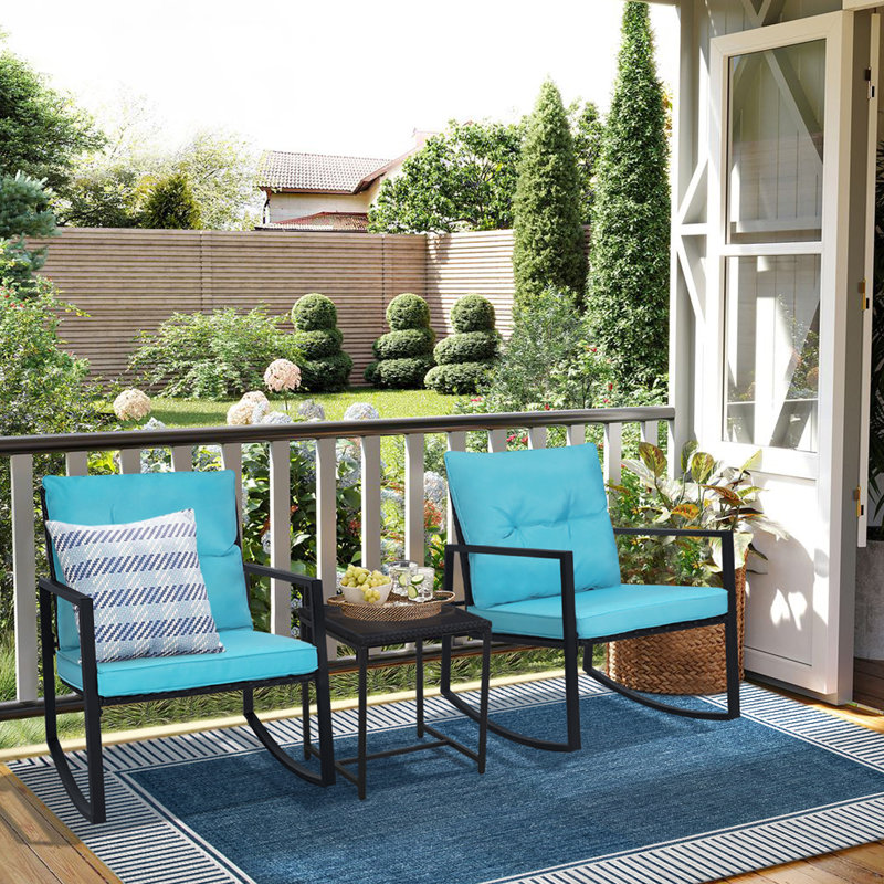 2 - Person Outdoor Dining Set, 3-Piece Outdoor Rattan Rocking Bistro Set with Cushions and Glass Coffee Table, Black, Blue