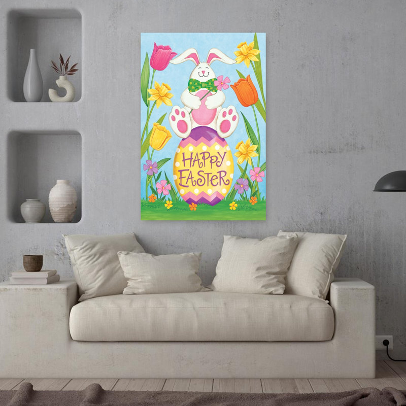 Joyeuses Pâques, lapin fantaisiste, jonquille et tulipe, H 36 po x l 24 po