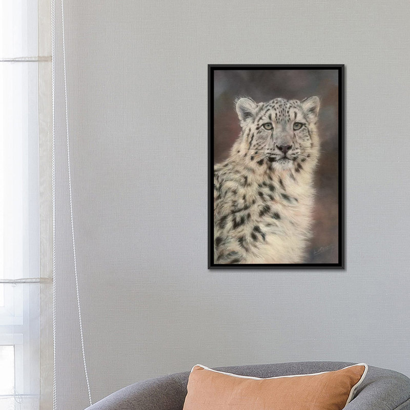 « snow leopard portrait », impression sur toile, H 26 po x l 18 po x P 1,5 po, Toile avec cadre noir, Pas de tapis