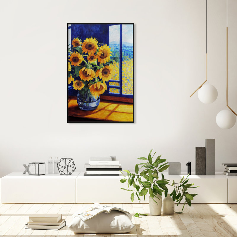 Fenêtre, tournesols II - Impression sur toile, Cadre noir, H 15 po x l 10 po