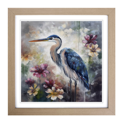 Heron Floral Art - Single Picture Frame Print on Wood
