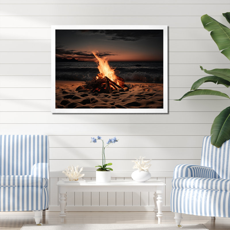 «Beachside Fir At Sunset II» - reproduction d'art sur toile nautique et plage, Cadre photo blanc