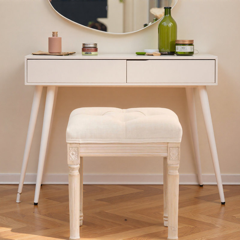 Banc de style français, banc d'entrée en tissu de lin, banc rembourré capitonné avec pieds en bois brossé