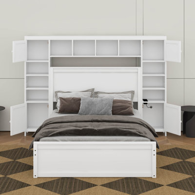 Queen Size Wooden Bed With Cabinet, Shelf And Sockets,Twin XL Trundle