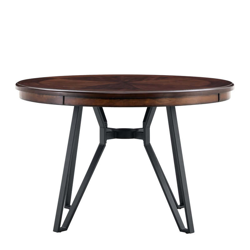 Table de salle à manger ronde brune avec pieds en épingle à cheveux en métal, 46,87 po de largeur, tablette ouverte, idéale pour les repas d'affaires