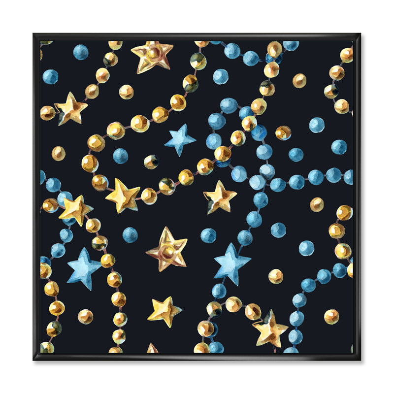 «Blue and Gold Christmas Tree Stars», reproduction d'art sur toile Glam, H 36 po x l 36 po, Cadre flottant noir