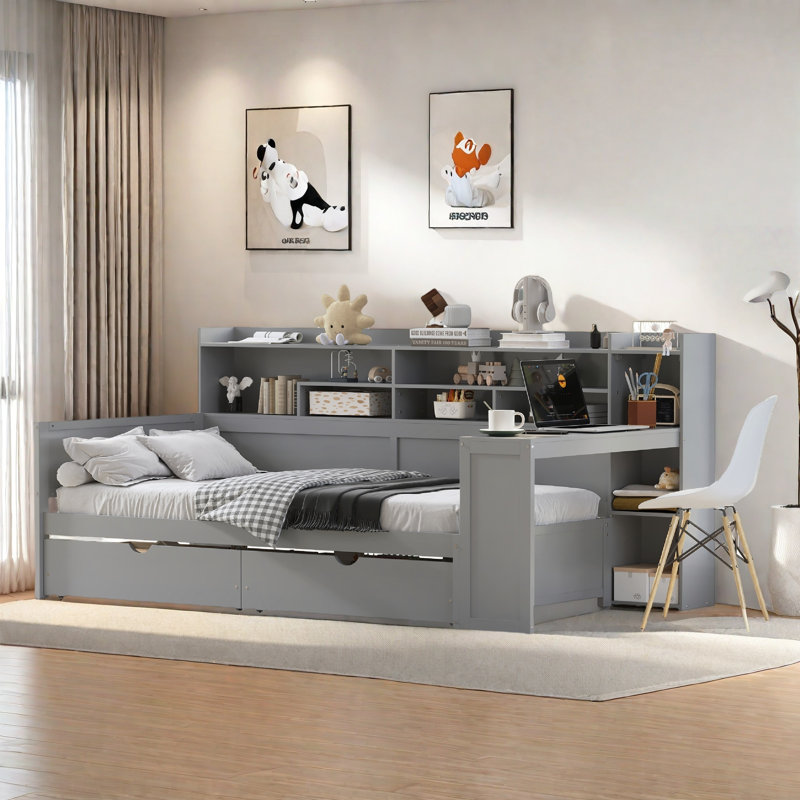 Multifunctional Wooden Daybed With Storage Shelves, Study Desk And 2 Drawers, Gray, Twin
