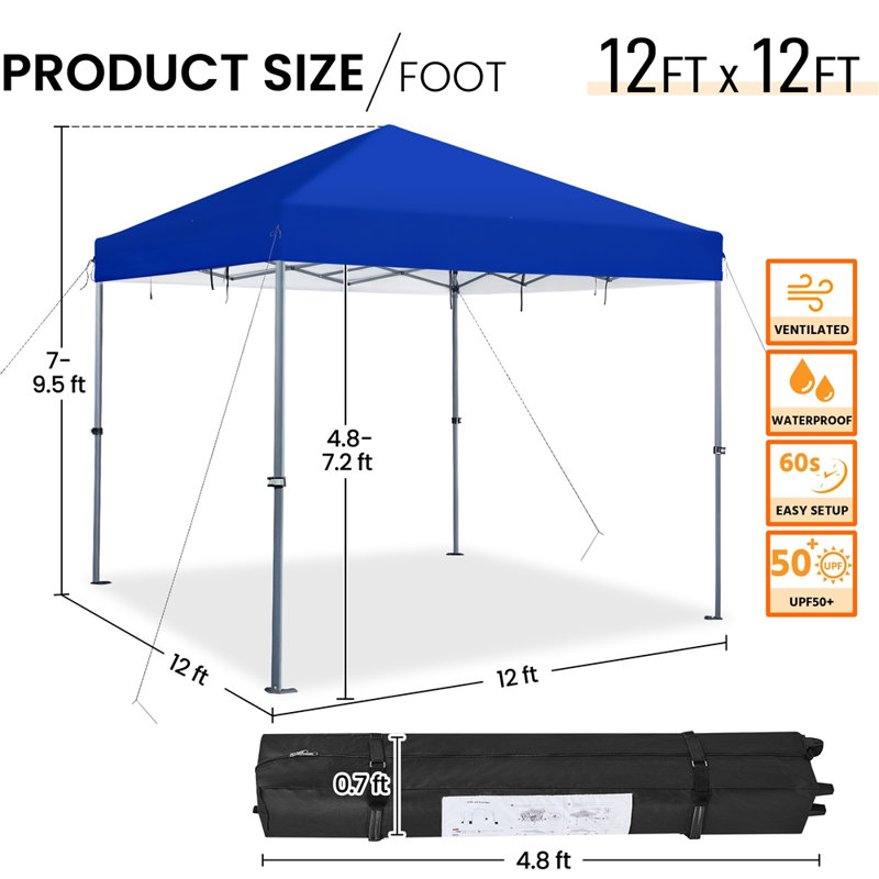 12 Ft. W X 12 Ft. D Metal Pop-Up Canopy with One-Push-To-Lock Setup Mechanism, Blue