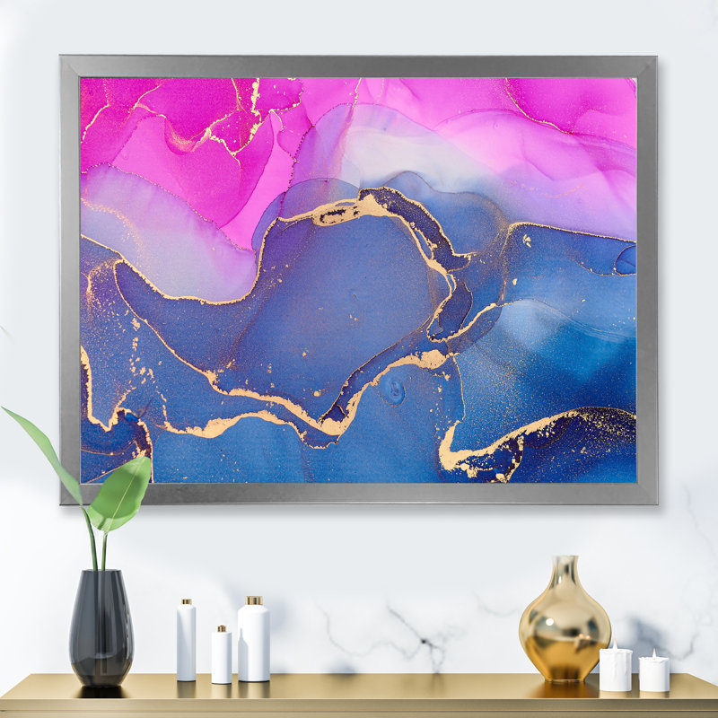 «Pink Luxury Abstract Fluid», peinture sur toile, H 24 po x l 32 po x P 1 po, Cadre photo argenté