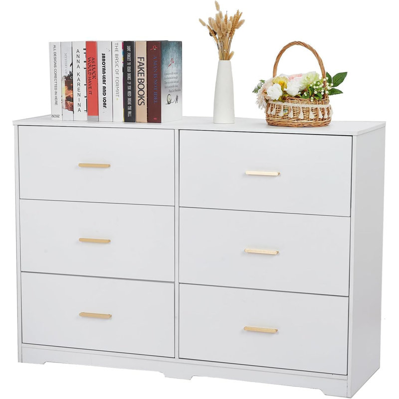 Commode 6 tiroirs Modern, Blanc / Doré