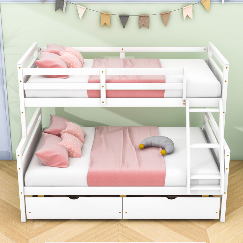 Lit superposé simple au dessus d'un lit double en bois avec 2 tiroirs, Blanc