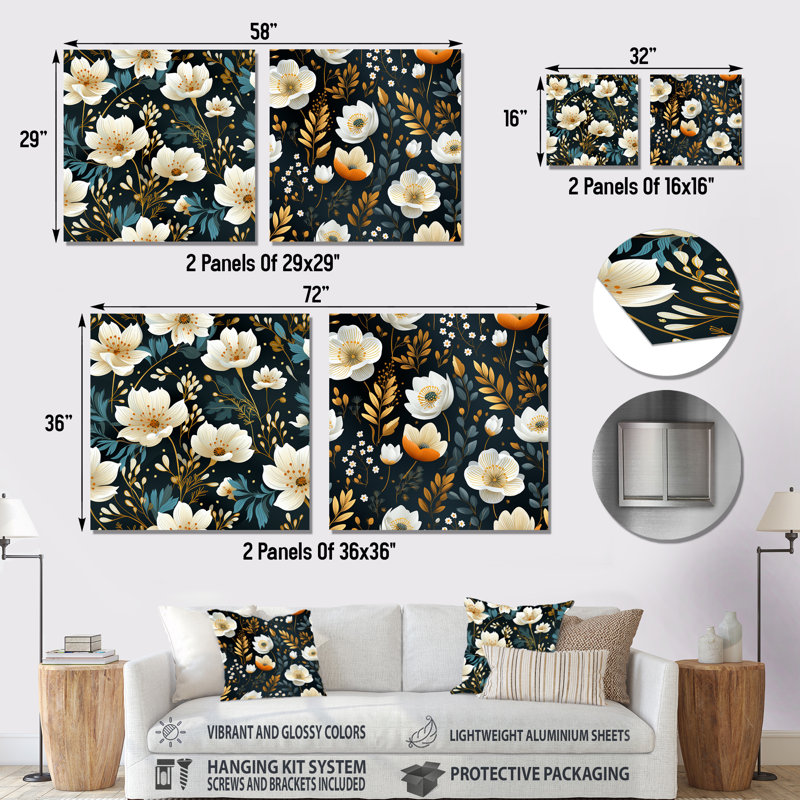 Forteau - Ensemble de 2 carrés à motif floral en métal, H 23 po x l 46 po