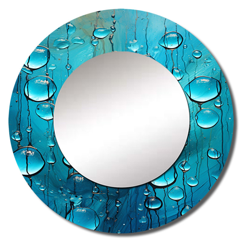 Abstrait Rainy Blue Collage II - miroir de formes abstraites, miroir mural décoratif rond moderne, impression d'art en métal