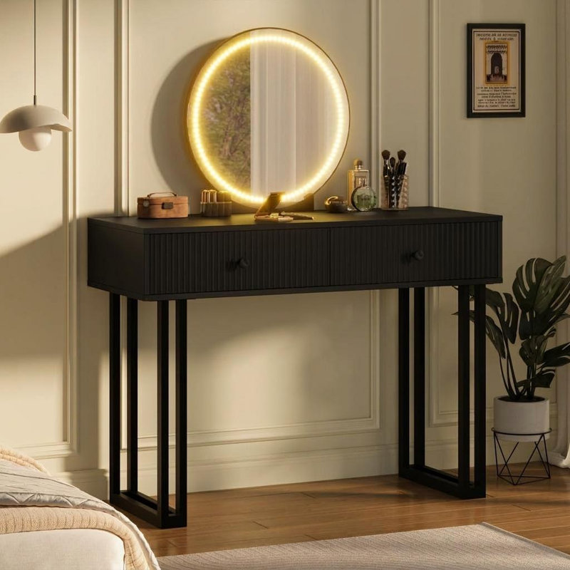 Coiffeuse moderne noire de 100 cm avec miroir DEL tricolore, 2 tiroirs de rangement et luminosité réglable – Table de maquillage pour chambre