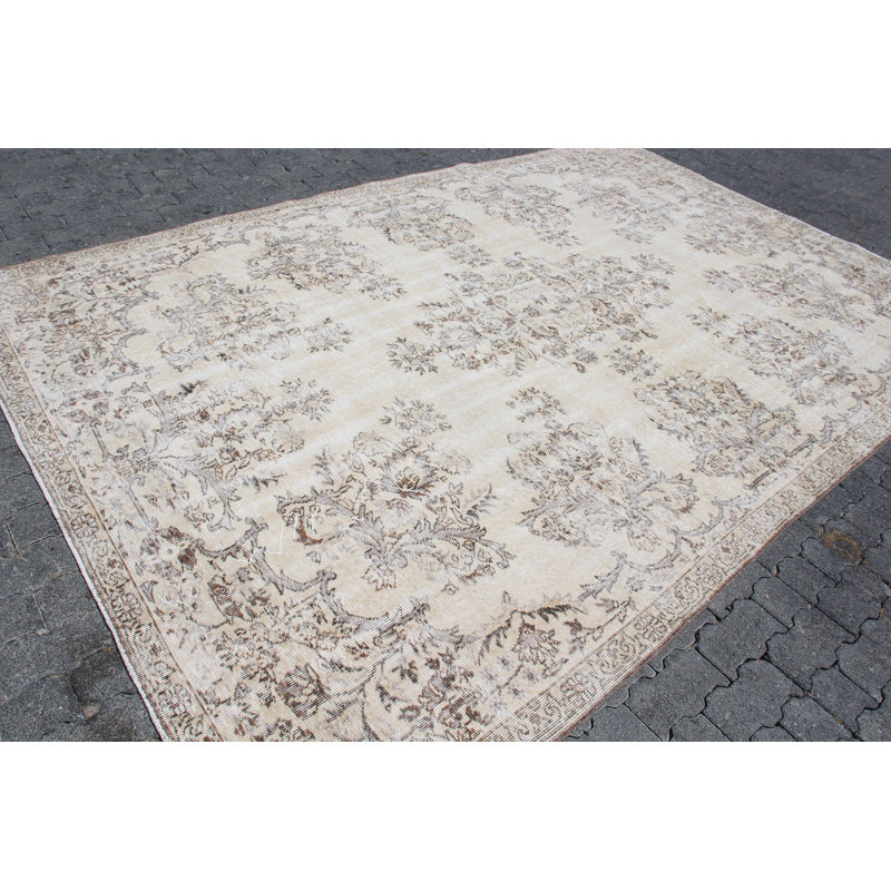 Tapis turc vintage fait à la main en laine beige - Tapis Oushak idéal pour la décoration du salon