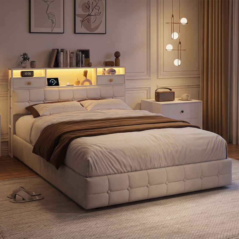 Storage Bed, Beige, European Kingsize (160 x 200 cm)
