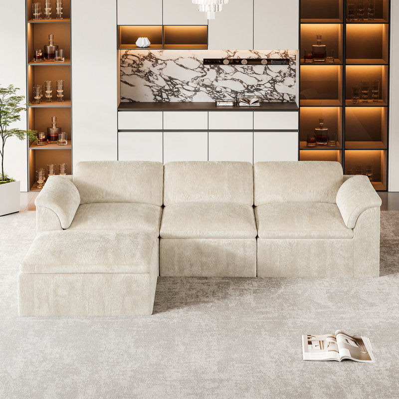 Canapé surdimensionné moderne en chenille de 111 po avec repose-pieds, Chenille beige