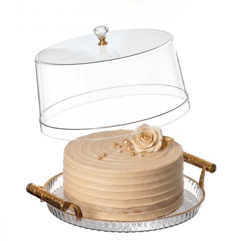  12-inch Round Plastic Cake Stand With Clear Flat-top Cover And Gold Handles Ribbed Serving Tray For Cupcakes Fruits Salads And Desserts Transparent Table Display For Parties And Events