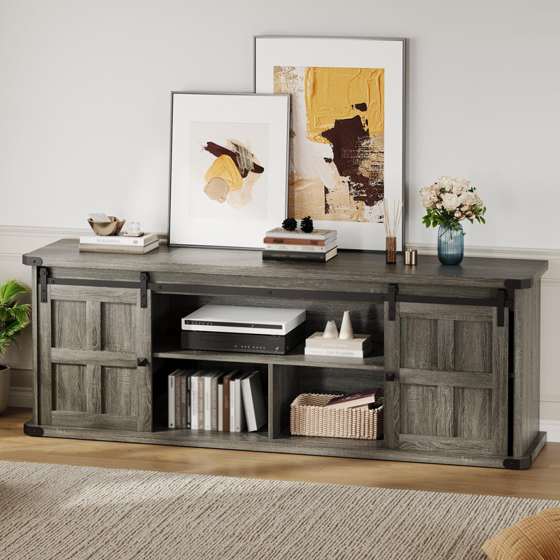 Farmhouse TV Stand for 75 Inch TV, Entertainment Center with Storage Cabinets and Sliding Barn Doors, Light Grey