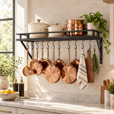 Wall Mounted Pot Rack Kitchen 24 Inch Hanging Storage Organizer Wall Shelf with Hooks Matte Black