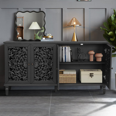 Buffet antique 60 "avec sculptures florales avec pieds en bois massif et poignées en laiton antique et tablettes réglables, meuble télé pour téléviseur 65" +, buffet pour le salon, la salle à manger (noir)