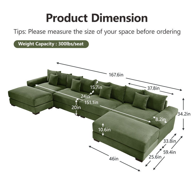 Canapé modulaire surdimensionné de 92 po Cloud, Velours côtelé vert, H 34,25 po x l 92,05 po x P 59,45 po