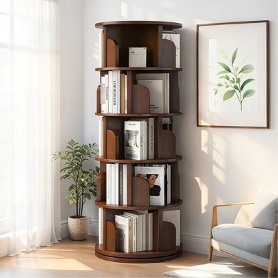 Bibliothèque ronde 360 degrés à 5 niveaux pour la maison, la chambre à coucher, le bureau - noyer, petits espaces à la mode et rotatifs dans le salon, installation facile à la maison