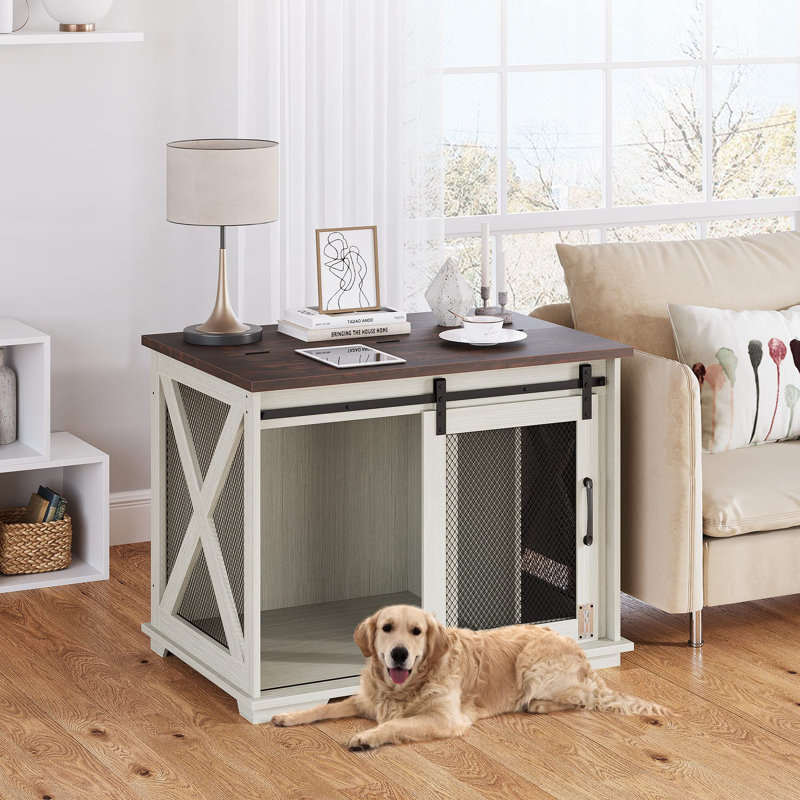 Mobilier pour cage de chien avec porte de grange coulissante, Blanc / Brun