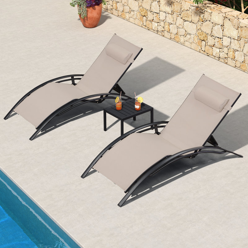 Outdoor Rust-Resistant Metal Chaise Lounge with Table, Khaki
