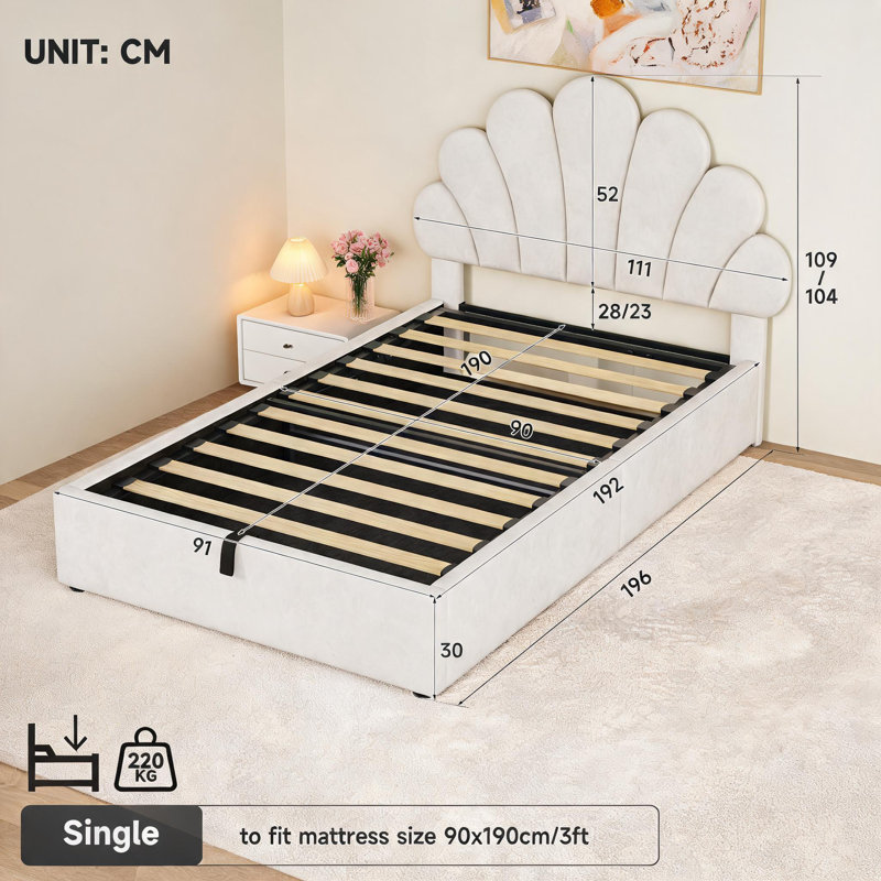 Upholstered Ottoman Bed, BEIGE+VELVET