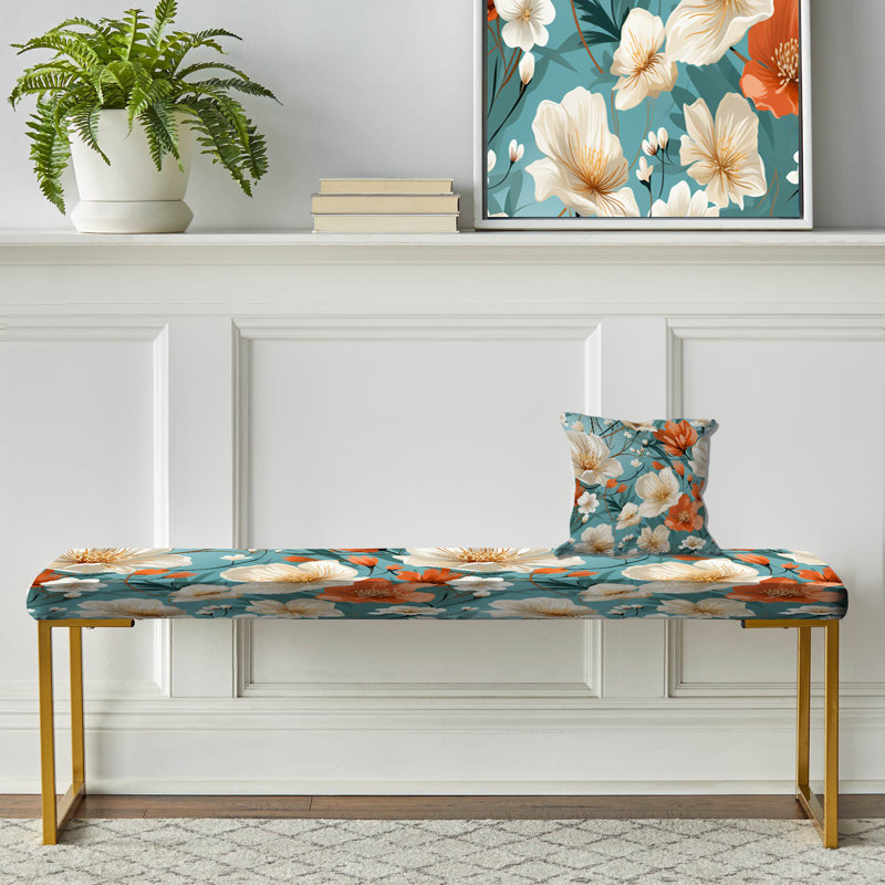 Ivory & Orange Coastal Blossoms Floral Pattern - Floral Upholstered Gold Bench