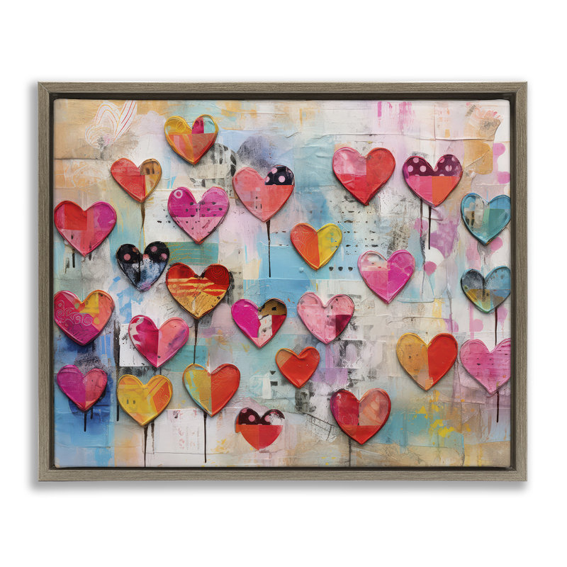 Playful Urban Hearts Pattern Framed Floater Canvas Wall Art by LSR Design Studio, Montalcino Elm Floater Frame, 25" H x 31" W