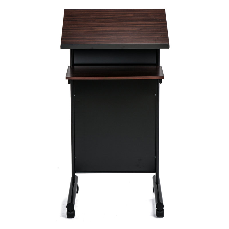 Black and Cherry Metal Standing Desk with Wheels and Shelves