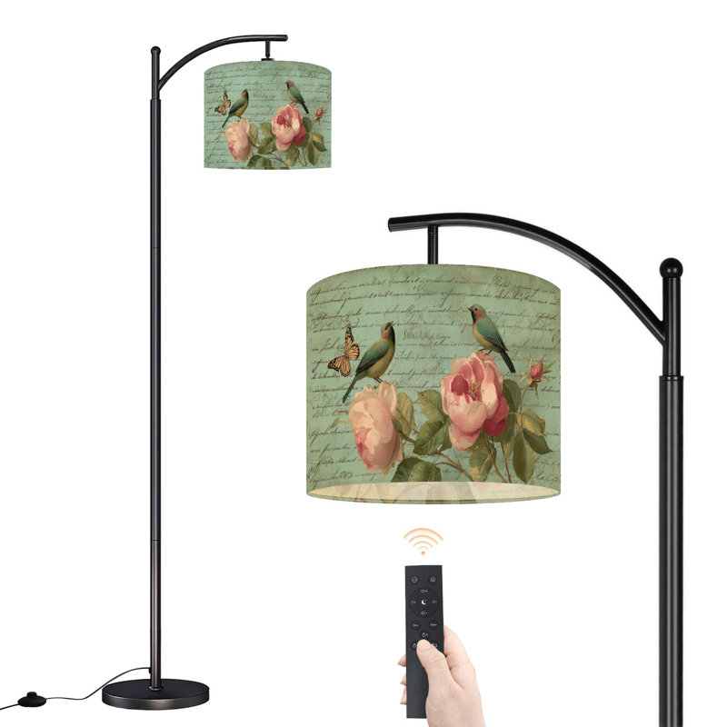Arc Floor Lamp with Adjustable Lampshade Flowers Birds Canvas Wall Art Bedroom Floral Butterfly Framed Vintage Standing Lamp 3 Color Temperatures Dimmable Tall Pole Lamp with Foot Switch for Bedroom