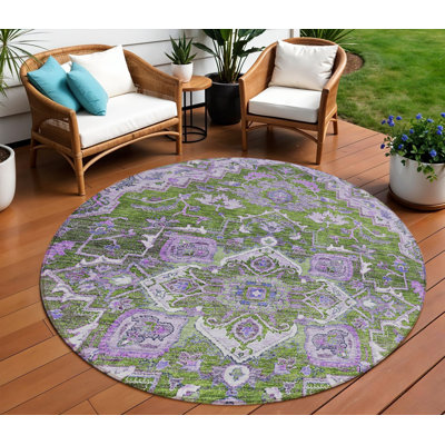 Tapis rond lavable oriental vert olive et mauve 8 pi