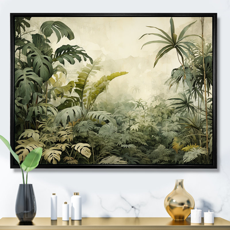 Paysage de jungle rétro - art mural jungle, Cadre flottant noir, H 34 po x l 44 po x P 1,5 po