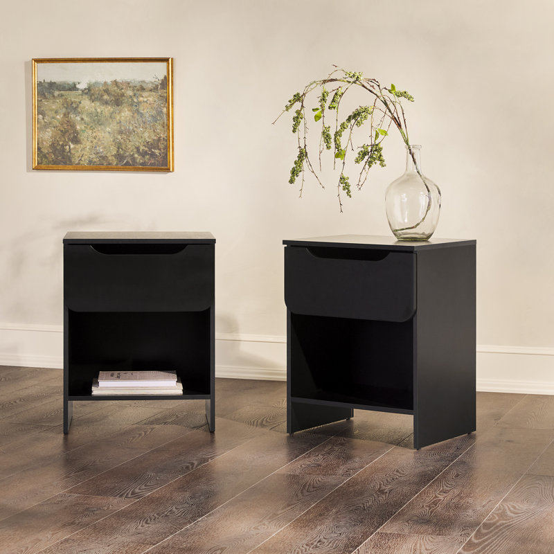 Carmet 1-Drawer Nightstands with Storage Cubby, Black