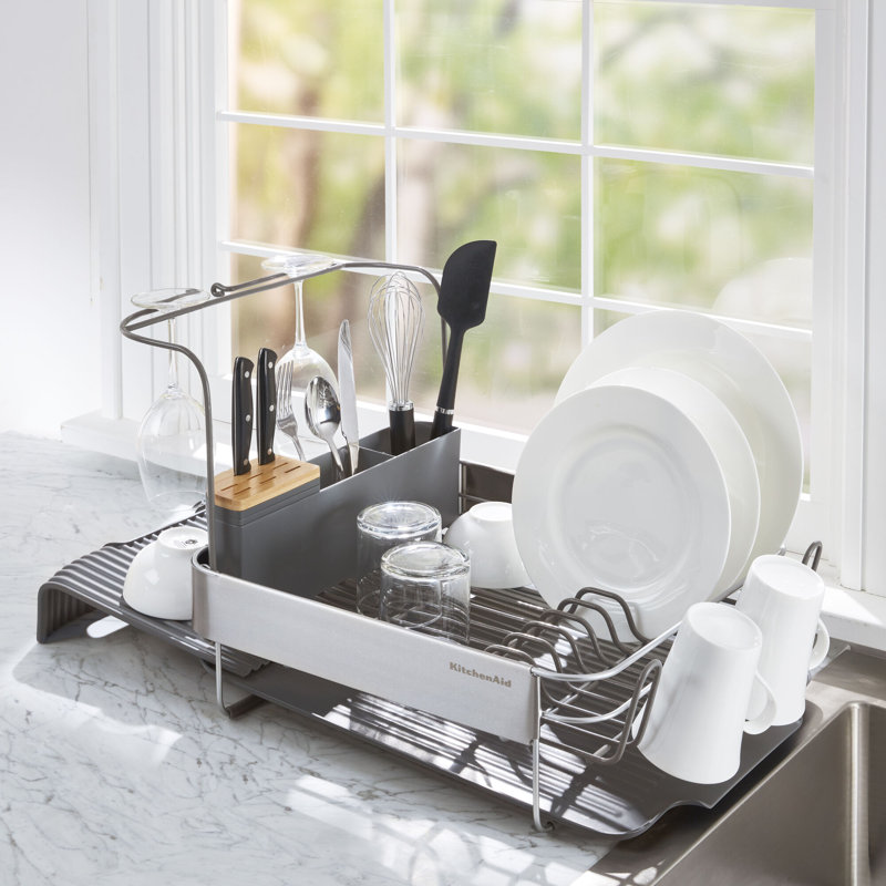 Gray Metal Expandable Dish Rack with Utensil Cup