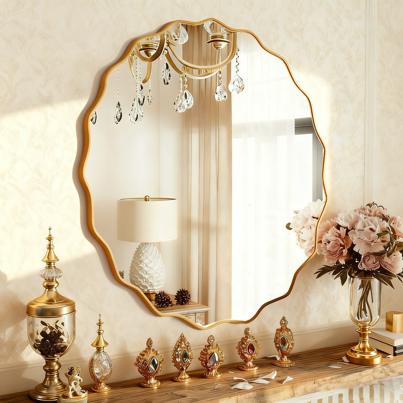32" Round Wavy Wall Mirror, Large Modern Decorative Vanity Mirror with Gold Aluminum Frame, HD Bathroom Mirror for Living Room, Bedroom, Entryway