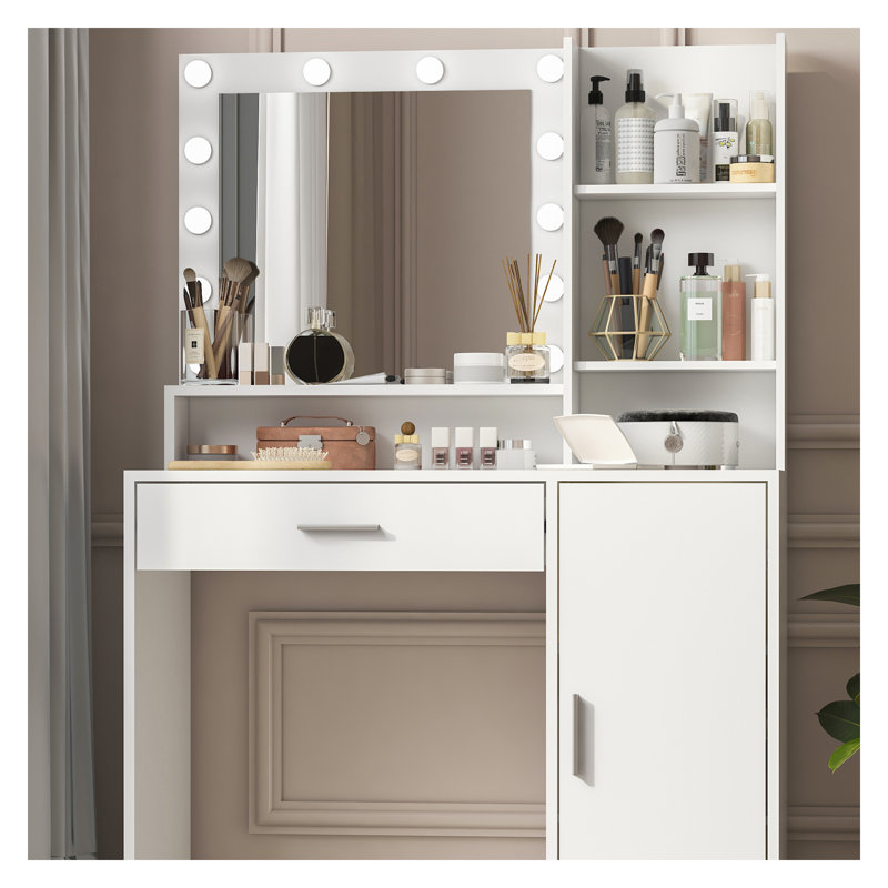Bureau de coiffeuse blanc avec miroir et lumière, coiffeuse de maquillage avec 3 modes d'éclairage, grand tiroir et coiffeuse de rangement à 3 niveaux pour la chambre à coucher