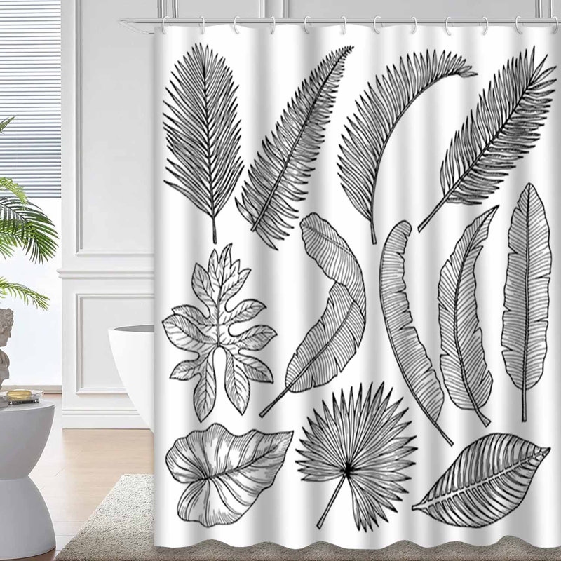 Croquis de feuille exotique floral avec feuilles exotiques noir et blanc avec 12 crochets, L 72 po x l 84 po