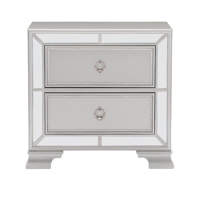 Table de chevet de chambre à coucher en argent avec 2 tiroirs coulissants