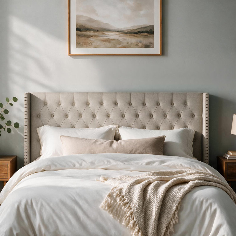Tufted Wingback Upholstered Headboard with Nailhead Trim, Linen-Linen, Queen