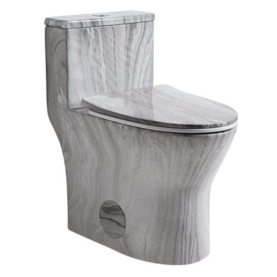 Los Flexi Smoky Gray Marble Veins 19 Inch High Toilet, Elongated Tall Height One-Piece Toilet, 1.28 GPF Rimless Swirl Flush, Retro Style and Glossy Glazed, 12" Rough-In, Full Skirted