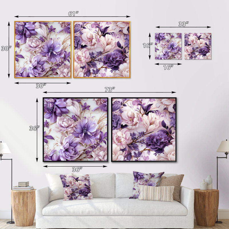 Ethereal rococo fleuri motif victorien XXIV - ensemble de collage carré floral de 2, Toile tendue, H 16 po x l 33 po
