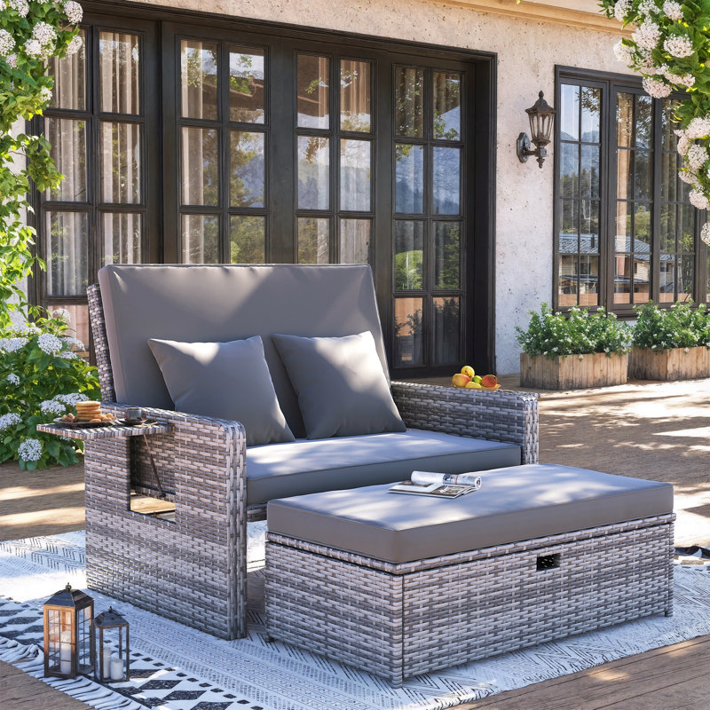 68" Wicker Outdoor Daybed Adjustable Loveseat With Storage Ottomans And Cushions, Gray Cushion/Gray Frame