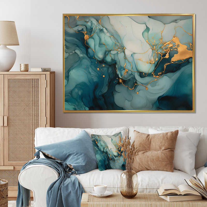 " Turquoise Gold Infused Marble I ", Gold Floater Framed, 30" H x 40" W x 1.5" D