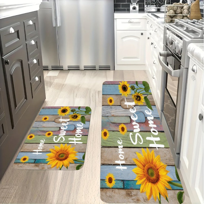 Colorful Wood Sunflowers, Kitchen Mats Set Of 2, Yellow Wood & Shiplap