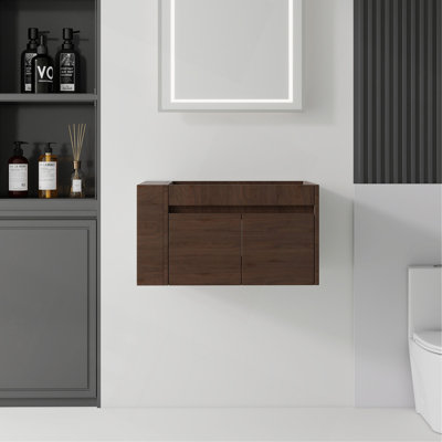 Meuble-lavabo suspendu de 76 cm (30 po), contreplaqué, double tiroir à fermeture amortie, grand espace de rangement intérieur, compartiment de rangement latéral ouvert, fixation murale, meuble seulement, lavabo non inclus